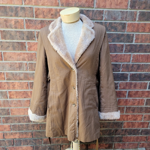 Vtg Bonders Calender Cloth Brown Faux Fur Lined Belted Coat USA No Size, - Picture 2 of 15